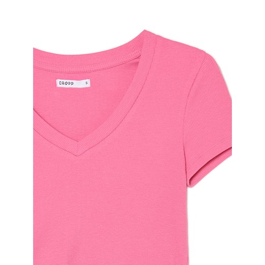 Cropp - Różowy t-shirt z dekoltem V - różowy Cropp S promocja Cropp