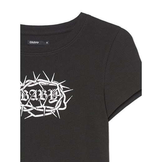 Cropp - Czarny t-shirt crop z nadrukiem - czarny Cropp L Cropp
