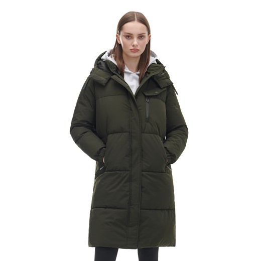 Cropp - Ciemnozielony płaszcz puffer z kapturem - zielony Cropp XS Cropp