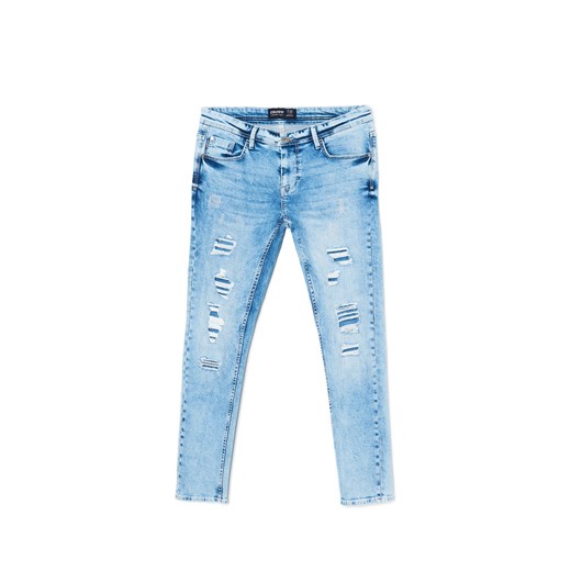 Cropp - Jasnoniebieskie jeansy skinny z dziurami - niebieski Cropp 34/32 Cropp