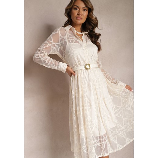 Jasnobeżowa Haftowana Sukienka Midi z Paskiem Binaela ze sklepu Renee odzież w kategorii Sukienki - zdjęcie 167561976