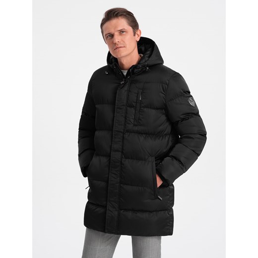 Długa zimowa kurtka męska pikowana o satynowym wykończeniu - czarna V3 XL ombre