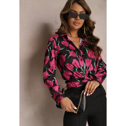 Czarno-Różowa Satynowa Koszula w Kwiecisty Wzór Golfena ze sklepu Renee odzież w kategorii Koszule damskie - zdjęcie 167621577