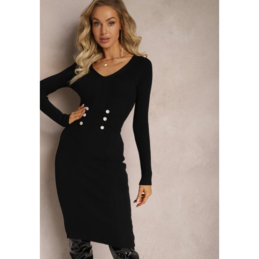 Czarna Dopasowana Sukienka Midi z Prążkowanej Dzianiny Luxie ze sklepu Renee odzież w kategorii Sukienki - zdjęcie 167643265