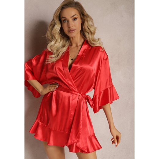 Czerwony Szlafrok z Satyny z Paskiem w Talii i Falbankami Debori ze sklepu Renee odzież w kategorii Szlafroki damskie - zdjęcie 167643309