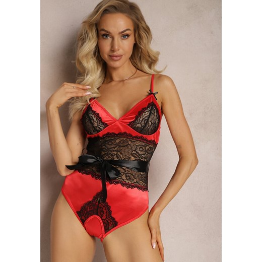 Czerwono-Czarne Koronkowe Body ze Stringami z Paskiem w Talii Azuran ze sklepu Renee odzież w kategorii Body damskie - zdjęcie 167643359