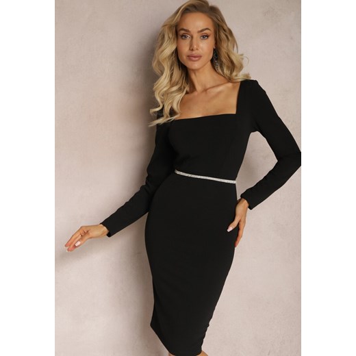 Czarna Dopasowana Sukienka Midi z Kwadratowym Dekoltem Peonis ze sklepu Renee odzież w kategorii Sukienki - zdjęcie 167643515