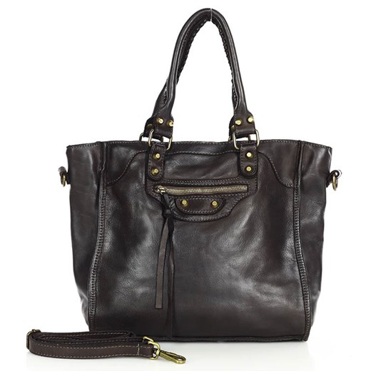 Skórzany shopper bag torebka do ręki - MARCO MAZZZINI ciemny brąz caffe ze sklepu Verostilo w kategorii Torby Shopper bag - zdjęcie 167680276