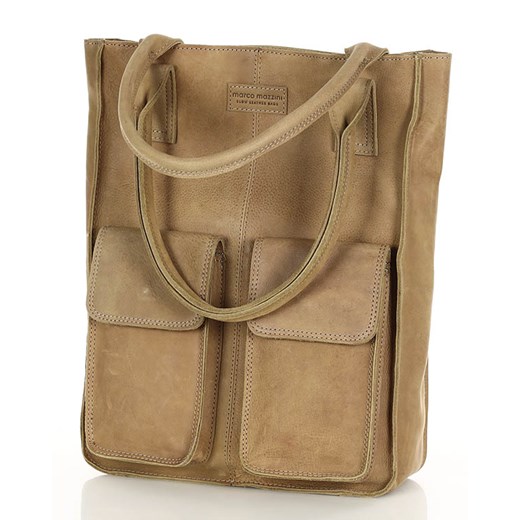Torebka z kieszonkami skórzana dobrze zorganizowany shopper - MARCO MAZZINI beżowa ze sklepu Verostilo w kategorii Torby Shopper bag - zdjęcie 167685969