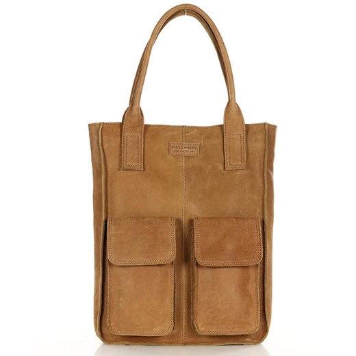 Torebka z kieszonkami skórzana dobrze zorganizowany shopper - MARCO MAZZINI brąz camel ze sklepu Verostilo w kategorii Torby Shopper bag - zdjęcie 167686175