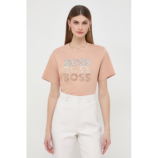 BOSS t-shirt bawełniany damski kolor beżowy ze sklepu ANSWEAR.com w kategorii Bluzki damskie - zdjęcie 167734489