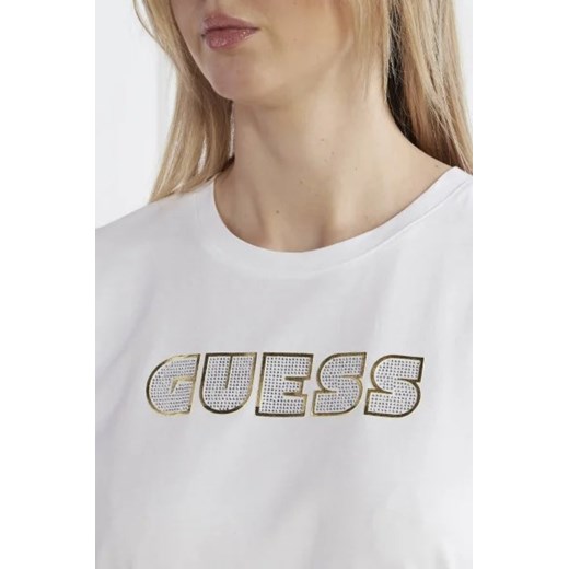 Guess bluzka damska w stylu młodzieżowym z napisami biała bawełniana 