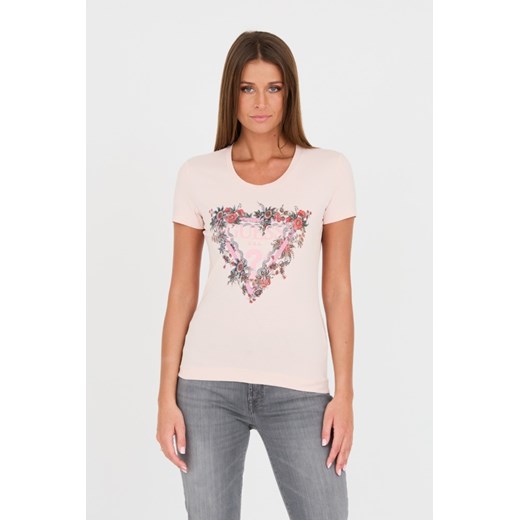 GUESS Różowy t-shirt z logo, Wybierz rozmiar XL ze sklepu outfit.pl w kategorii Bluzki damskie - zdjęcie 167757836