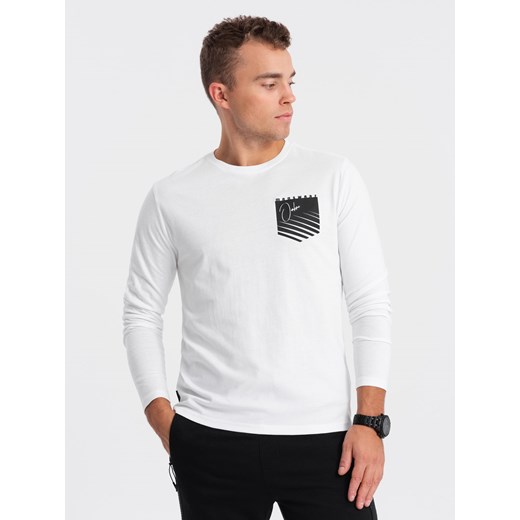 Longsleeve męski z printem w kształcie kieszonki - biały V1 OM-LSPT-0118 ze sklepu ombre w kategorii T-shirty męskie - zdjęcie 167766138