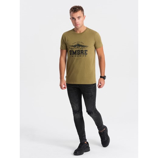 T-shirt męski bawełniany z printem militarnym - khaki V2 OM-TSPT-0164 XL ombre