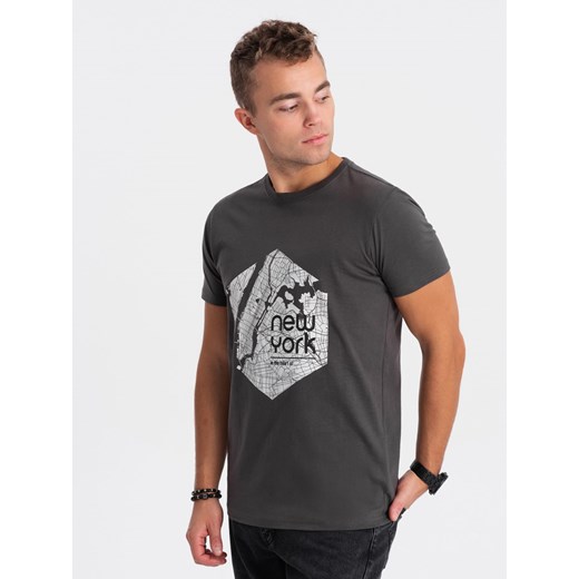 T-shirt męski bawełniany z printem motywu mapy - grafitowa V1 OM-TSPT-0169 ze sklepu ombre w kategorii T-shirty męskie - zdjęcie 167788379