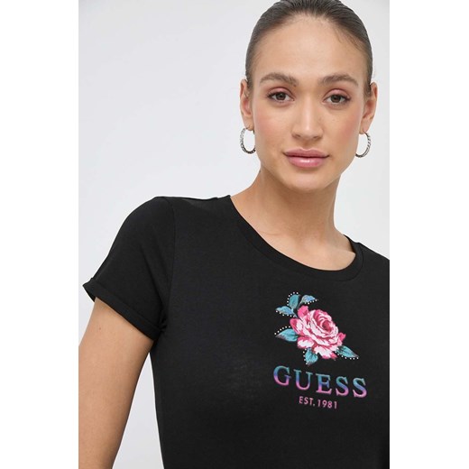 Bluzka damska Guess bawełniana z krótkimi rękawami czarna z okrągłym dekoltem 