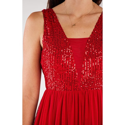 Sukienka AWAMA na ramiączkach czerwona elegancka maxi w cekiny 