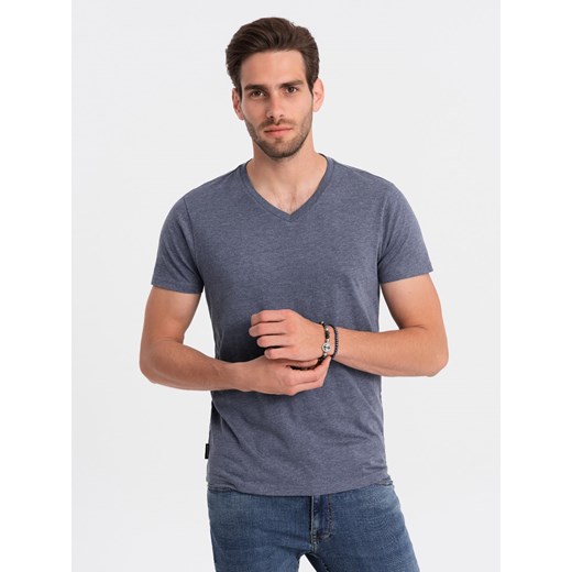 Klasyczna męska bawełniana koszulka z dekoltem w serek BASIC - niebieski melanż V7 OM-TSBS-0145 ze sklepu ombre w kategorii T-shirty męskie - zdjęcie 167890135