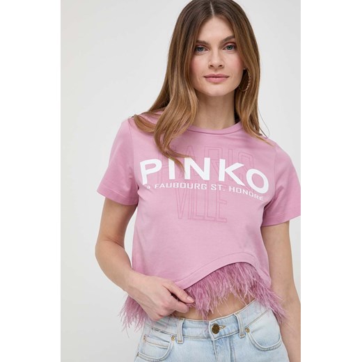 Pinko t-shirt bawełniany damski kolor różowy 103130.A1LV ze sklepu ANSWEAR.com w kategorii Bluzki damskie - zdjęcie 167899856