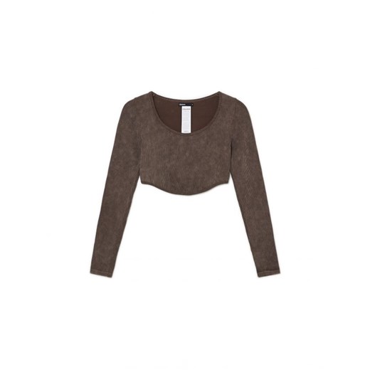 Cropp - Brązowa prążkowana bluzka - brązowy ze sklepu Cropp w kategorii Bluzki damskie - zdjęcie 167900609
