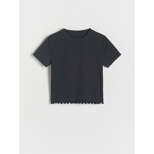 Reserved - Krótki t-shirt z falbanką - ciemnoszary ze sklepu Reserved w kategorii Bluzki dziewczęce - zdjęcie 167924069