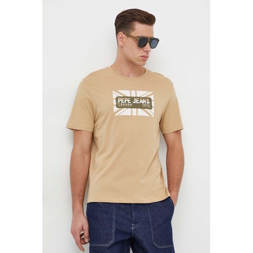Pepe Jeans t-shirt bawełniany męski kolor beżowy z nadrukiem ze sklepu ANSWEAR.com w kategorii T-shirty męskie - zdjęcie 167928676