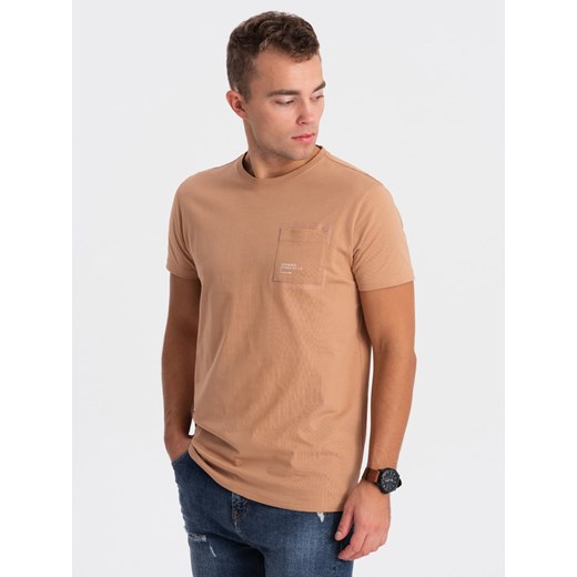 T-shirt męski bawełniany z kieszonką - jasnobrązowy V7 OM-TSPT-0154 ze sklepu ombre w kategorii T-shirty męskie - zdjęcie 167954917