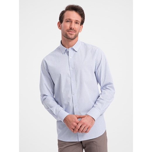 Męska koszula bawełniana REGULAR FIT w pionowe paski - błękitno-biała OM-SHOS-0155 ze sklepu ombre w kategorii Koszule męskie - zdjęcie 167954935