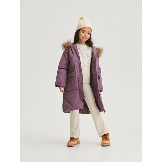 Reserved - Pikowany płaszcz ze sztucznym futrem - fioletowy Reserved 116 (5-6 lat) wyprzedaż Reserved