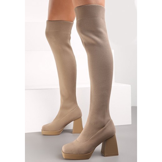 Ciemnobeżowe Kozaki na Słupku z Elastyczną Cholewką Eudione Renee 40 okazja renee.pl