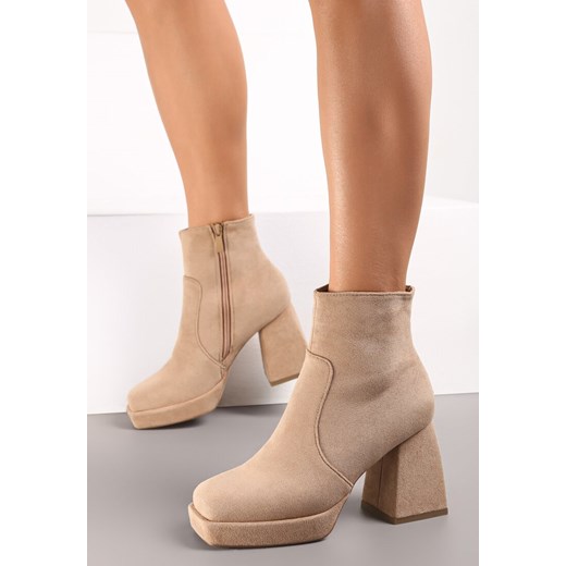 Ciemnobeżowe Botki na Geometrycznym Słupku i Platformie Honnas Renee 39 okazyjna cena renee.pl