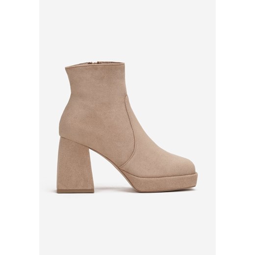 Ciemnobeżowe Botki na Geometrycznym Słupku i Platformie Honnas Renee 40 promocja renee.pl