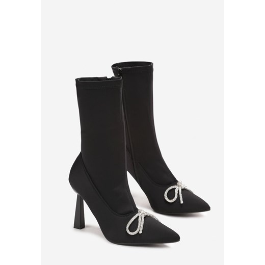 Czarne Botki Skarpetkowe Ozdobione Kokardką z Cyrkoniami na Geometrycznej Renee 39 renee.pl wyprzedaż