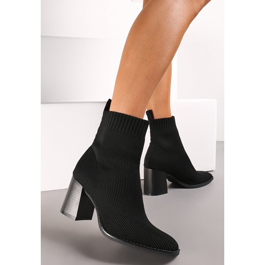 Czarne Skarpetkowe Wsuwane Botki na Słupku Solime Renee 40 renee.pl okazja