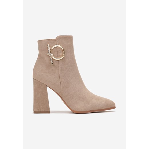 Ciemnobeżowe Botki na Słupku z Okrągłą Klamrą z Boku Hetisani Renee 38 wyprzedaż renee.pl