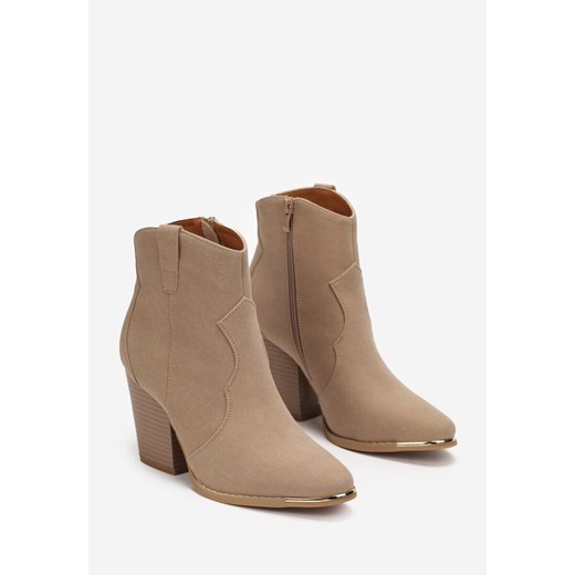 Beżowe Botki na Stożkowym Obcasie w Stylu Kowbojek Ellite Renee 39 promocyjna cena renee.pl