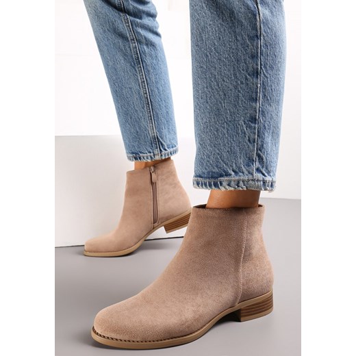 Ciemnobeżowe Botki Sztyblety z Imitacji Zamszu Molitosa Renee 37 okazja renee.pl