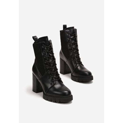 Czarne Botki Sznurowane na Słupku i Platformie ze Skarpetkową Cholewką za Kostkę Renee 39 okazja renee.pl