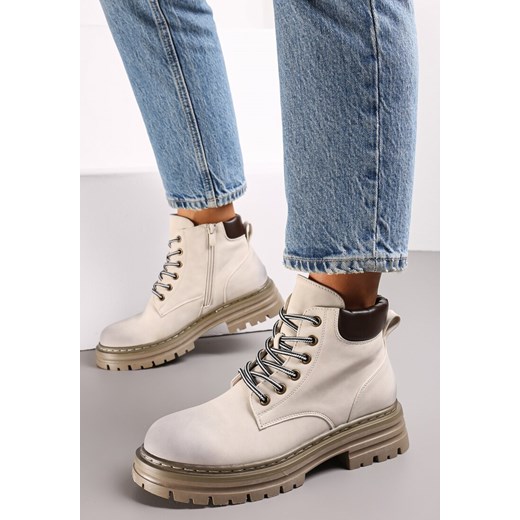 Beżowe Traperki z Ociepleniem i Sznurowaniem Almudena ze sklepu renee.pl w kategorii Workery damskie - zdjęcie 168033657