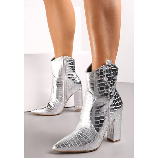 Srebrne Botki na Słupku ze Szpiczastym Noskiem i Tłoczeniem Imitującym Skórę Renee 40 promocja renee.pl