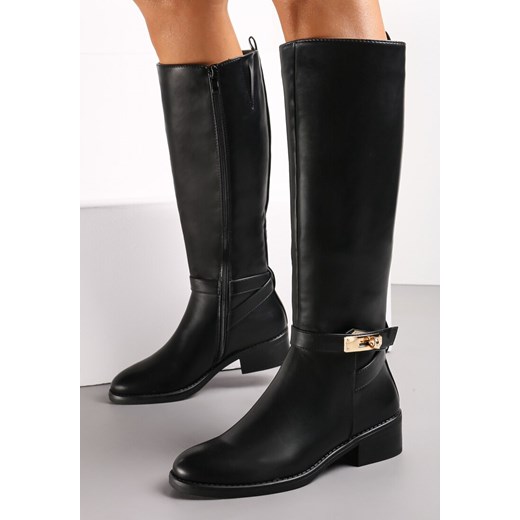 Czarne Kozaki Oficerki na Płaskim Obcasie z Ozdobną Klamrą Idellata Renee 36 wyprzedaż renee.pl