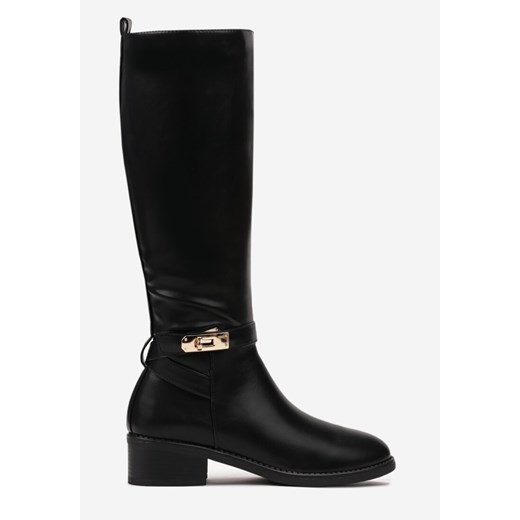 Czarne Kozaki Oficerki na Płaskim Obcasie z Ozdobną Klamrą Idellata Renee 36 okazja renee.pl