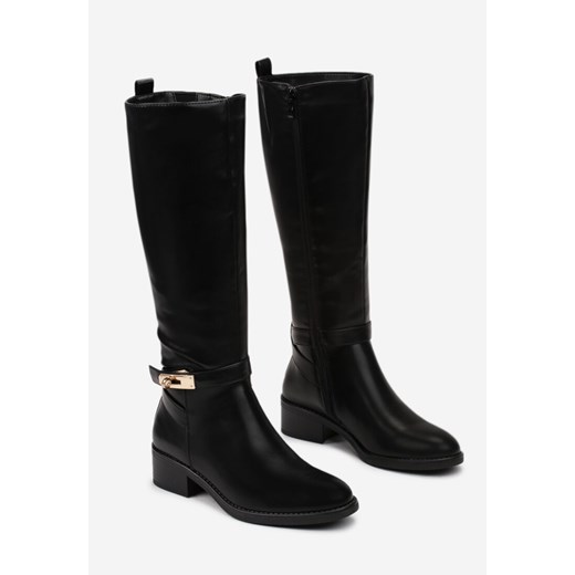 Czarne Kozaki Oficerki na Płaskim Obcasie z Ozdobną Klamrą Idellata Renee 38 wyprzedaż renee.pl