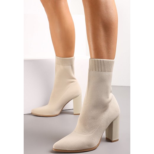 Beżowe Dopasowane Botki na Słupku ze Skarpetkową Cholewką Elarana Renee 38 okazja renee.pl