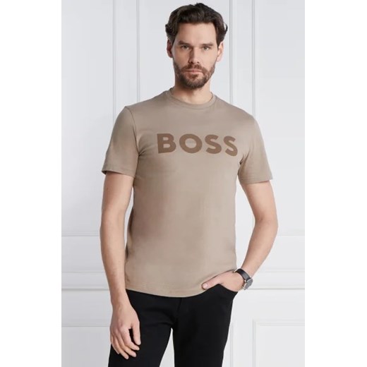 T-shirt męski BOSS HUGO brązowy bawełniany z krótkim rękawem 