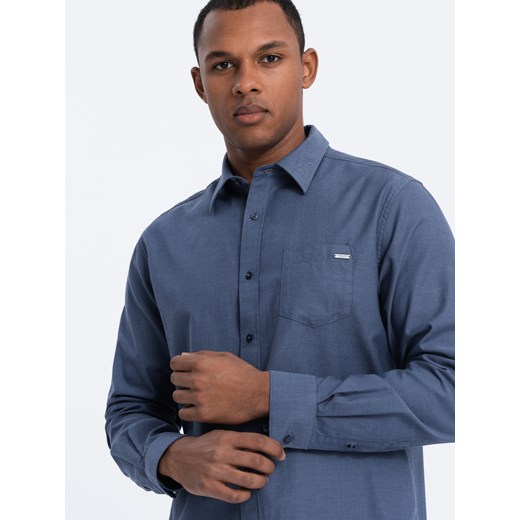 Bawełniana męska koszula z kieszenią REGULAR FIT - niebieska V3 OM-SHCS-0147 ze sklepu ombre w kategorii Koszule męskie - zdjęcie 168127285