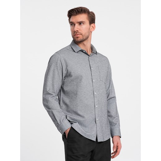 Koszula męska z kieszenią REGULAR FIT - szary melanż V3 OM-SHCS-0148 ze sklepu ombre w kategorii Koszule męskie - zdjęcie 168127316