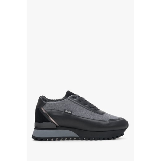 Estro: Czarno-szare skórzane sneakersy damskie na zimę z futrzanym wypełnieniem ze sklepu Estro w kategorii Buty sportowe damskie - zdjęcie 168133157