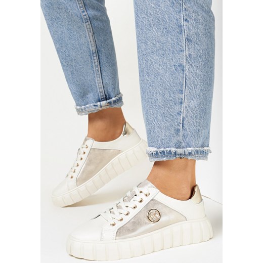 Beżowo-Złote Sneakersy Skórzane na Grubej Podeszwie Cremini ze sklepu born2be.pl w kategorii Buty sportowe damskie - zdjęcie 168184338